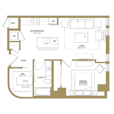 Floor plan for 1 bed, 1 bath, 699 sqft
